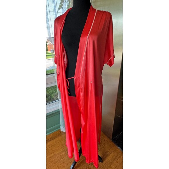 Vintage 80s house dress, strawberry red, white embroidered details, nylon robe - Picture 8 of 10